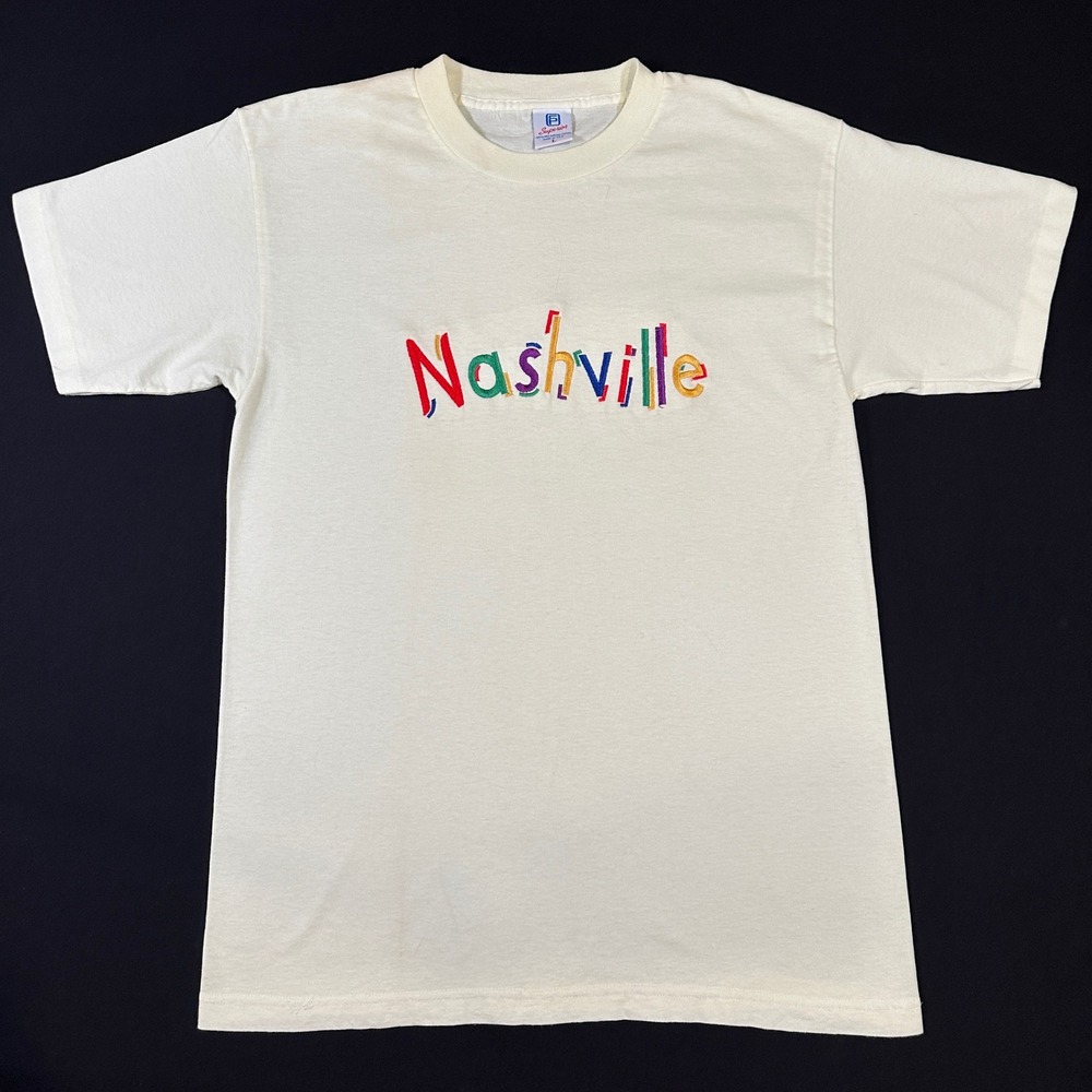 Vintage Nashville T Shirt  Large Cream Colorful Embroidered‎ Single Stitch USA